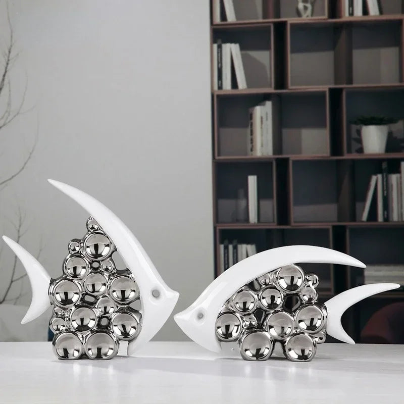 Silver Plated Bouble Couple Kiss Fish Vase Modern Europe Ceramic Furnishing Articles Office Home Livingroom Ornament Decoration
