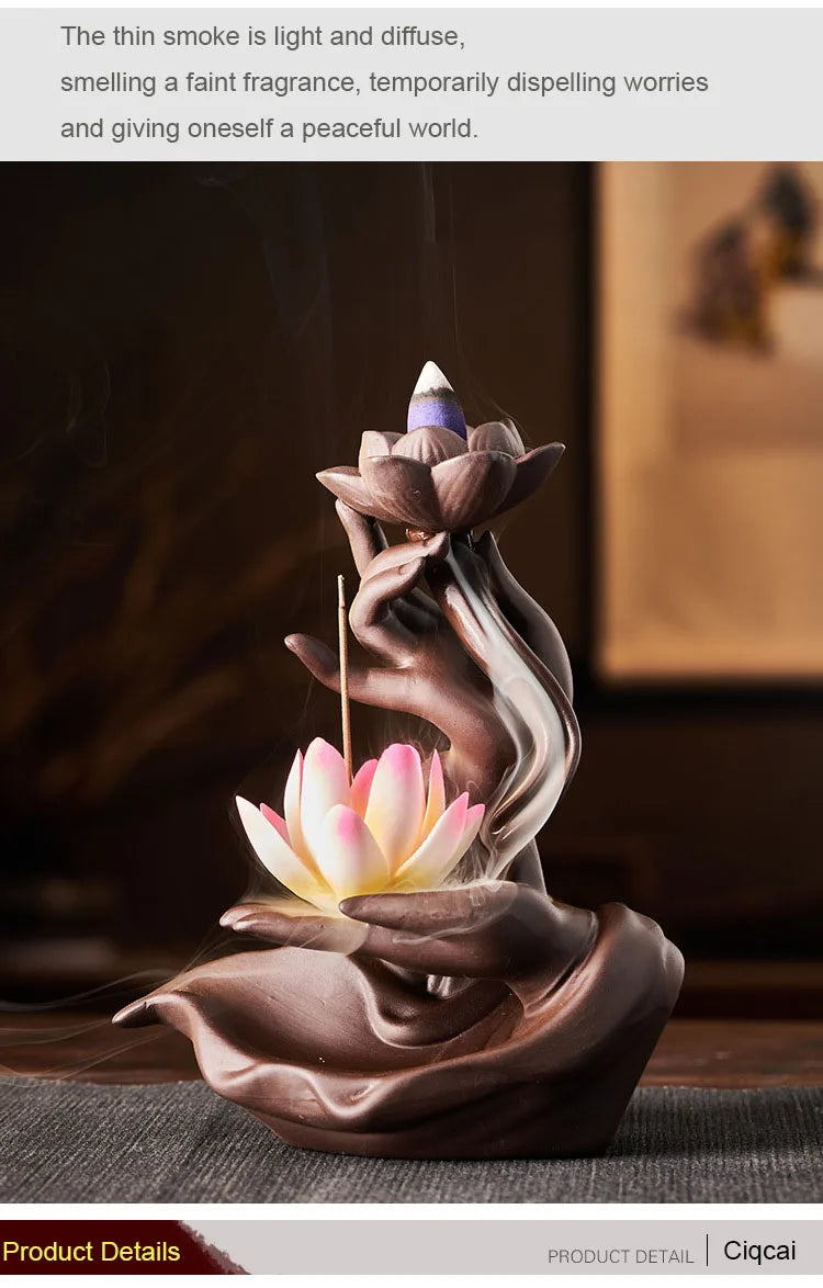 Chinese style Buddha's Hand Lotus LED Reflux Incense Burner Stand, Home Decoration Pure Handmade Lotus Fragrance Diffuser