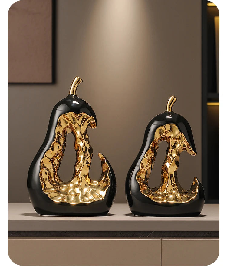 Ceramic Handicraft Golden Pear Abstract Hollow Pear Artificial Fruit Sculpture Decorative Figurines Home Decoration Accessories