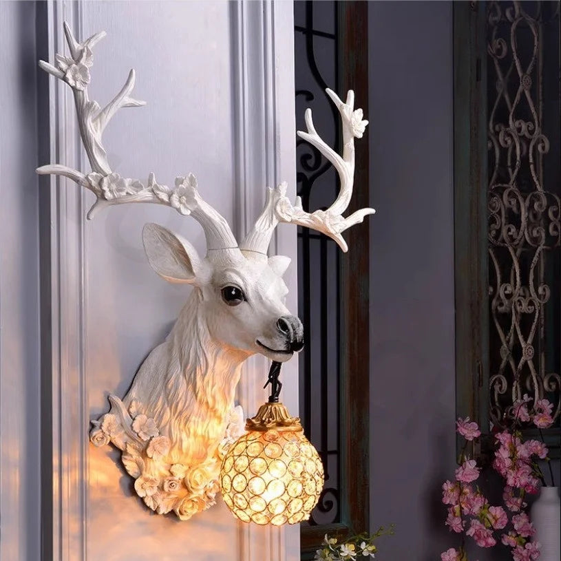 Retro Deer Antlers Deer Heads Wall Lamp Personalized American Art Rural Style Creative Living Room Bedside Decoration bedroomLED