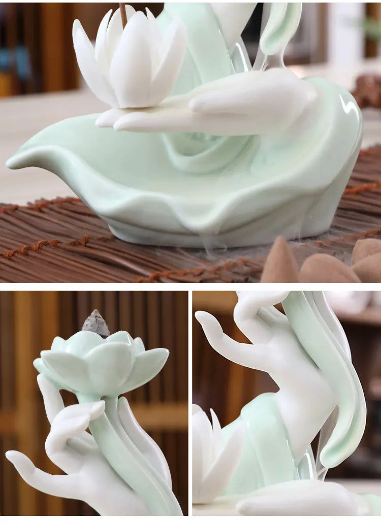 Chinese style Buddha's Hand Lotus LED Reflux Incense Burner Stand, Home Decoration Pure Handmade Lotus Fragrance Diffuser