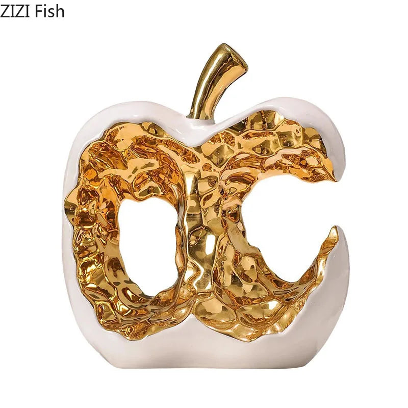 Gold-plated Apple Hollow Out Crafts Ceramic Sculpture Desk Decoration Ornaments Creative Apple Statue Room Aesthetic Decor