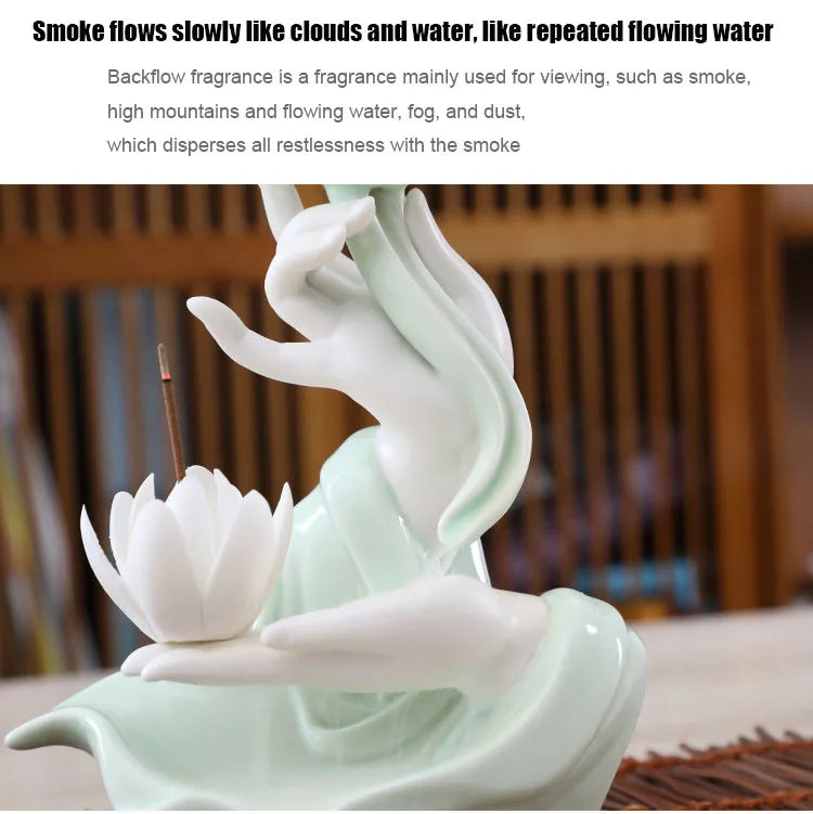 Chinese style Buddha's Hand Lotus LED Reflux Incense Burner Stand, Home Decoration Pure Handmade Lotus Fragrance Diffuser