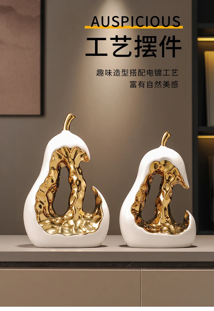 Ceramic Handicraft Golden Pear Abstract Hollow Pear Artificial Fruit Sculpture Decorative Figurines Home Decoration Accessories