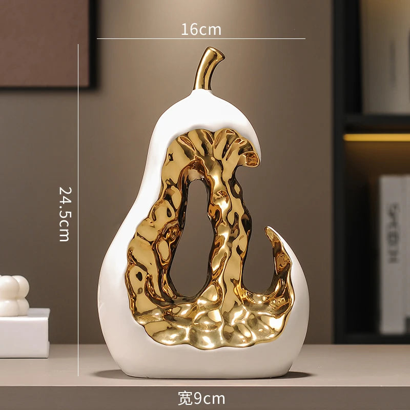 Ceramic Handicraft Golden Pear Abstract Hollow Pear Artificial Fruit Sculpture Decorative Figurines Home Decoration Accessories