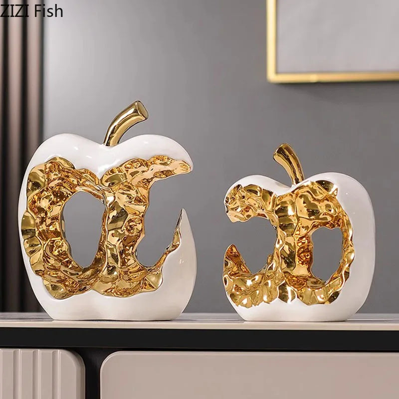 Gold-plated Apple Hollow Out Crafts Ceramic Sculpture Desk Decoration Ornaments Creative Apple Statue Room Aesthetic Decor