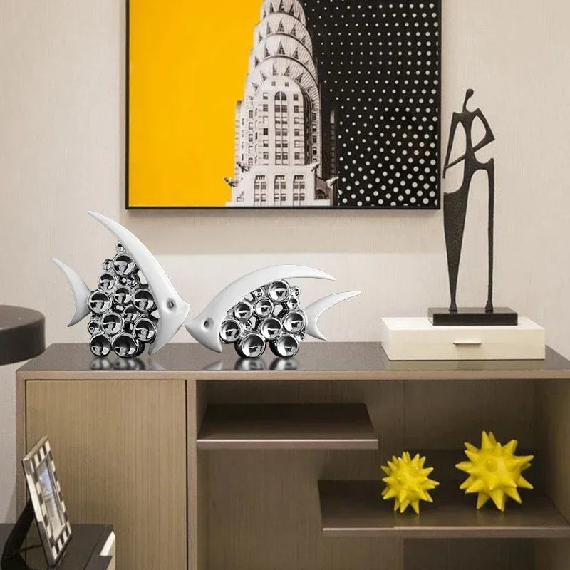Silver Plated Bouble Couple Kiss Fish Vase Modern Europe Ceramic Furnishing Articles Office Home Livingroom Ornament Decoration