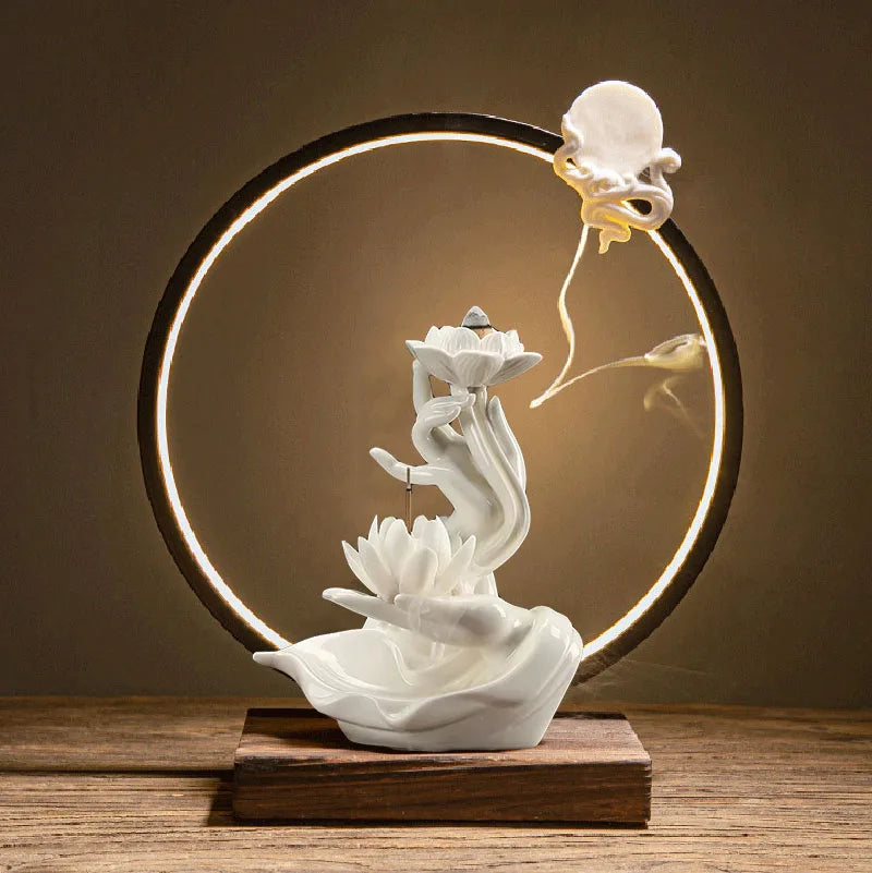 Chinese style Buddha's Hand Lotus LED Reflux Incense Burner Stand, Home Decoration Pure Handmade Lotus Fragrance Diffuser