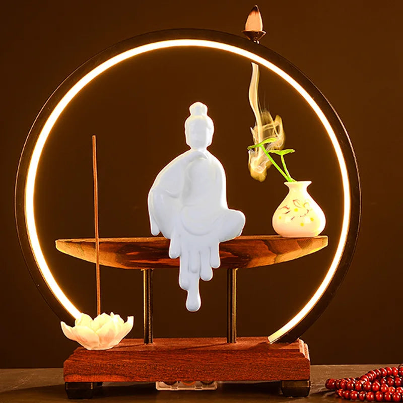 Chinese Style Zen Mood Battery-powered Circal Light Of Incense Holder With Wodden Rack Light Up Figurine Holder