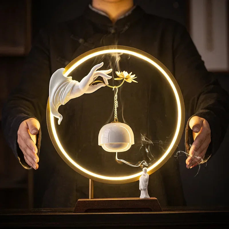 New Chinese Zen Buddha Hand Lotus Incense Decoration Creative Living Room Decorative Light Ring Reverse Flow Incense Burner
