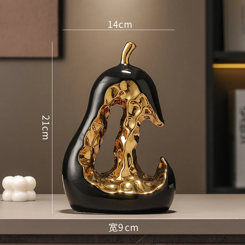 Ceramic Handicraft Golden Pear Abstract Hollow Pear Artificial Fruit Sculpture Decorative Figurines Home Decoration Accessories