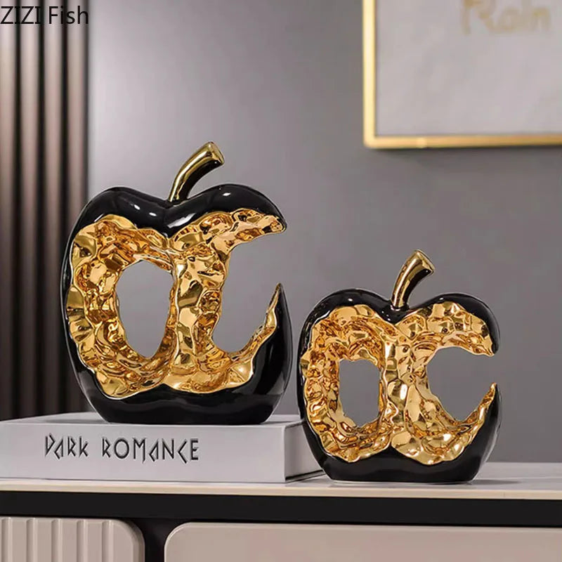Gold-plated Apple Hollow Out Crafts Ceramic Sculpture Desk Decoration Ornaments Creative Apple Statue Room Aesthetic Decor