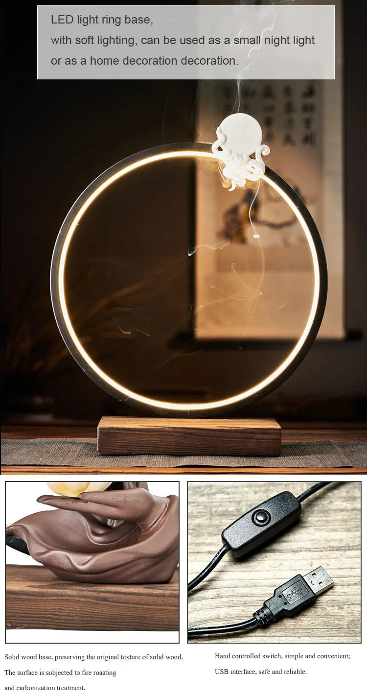 Chinese style Buddha's Hand Lotus LED Reflux Incense Burner Stand, Home Decoration Pure Handmade Lotus Fragrance Diffuser