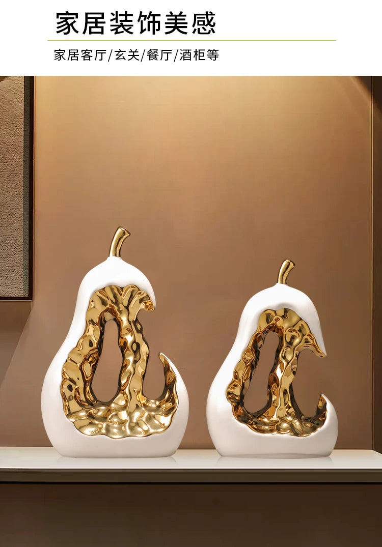 Ceramic Handicraft Golden Pear Abstract Hollow Pear Artificial Fruit Sculpture Decorative Figurines Home Decoration Accessories