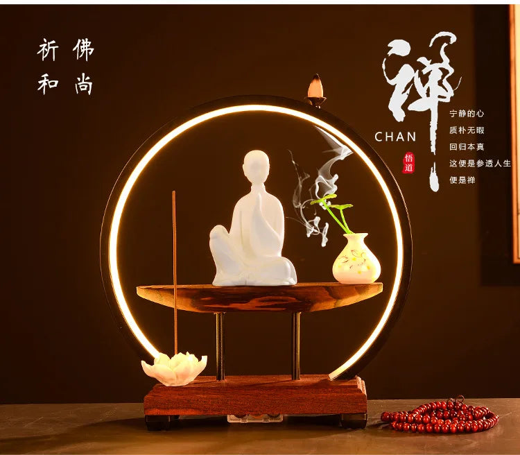 Chinese Style Zen Mood Battery-powered Circal Light Of Incense Holder With Wodden Rack Light Up Figurine Holder