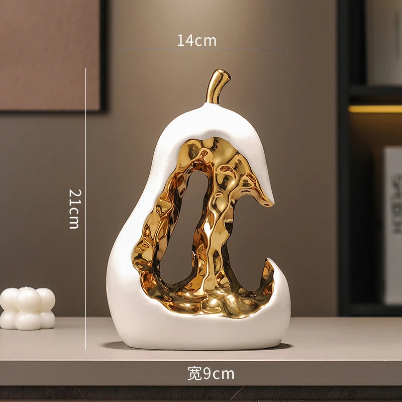 Ceramic Handicraft Golden Pear Abstract Hollow Pear Artificial Fruit Sculpture Decorative Figurines Home Decoration Accessories