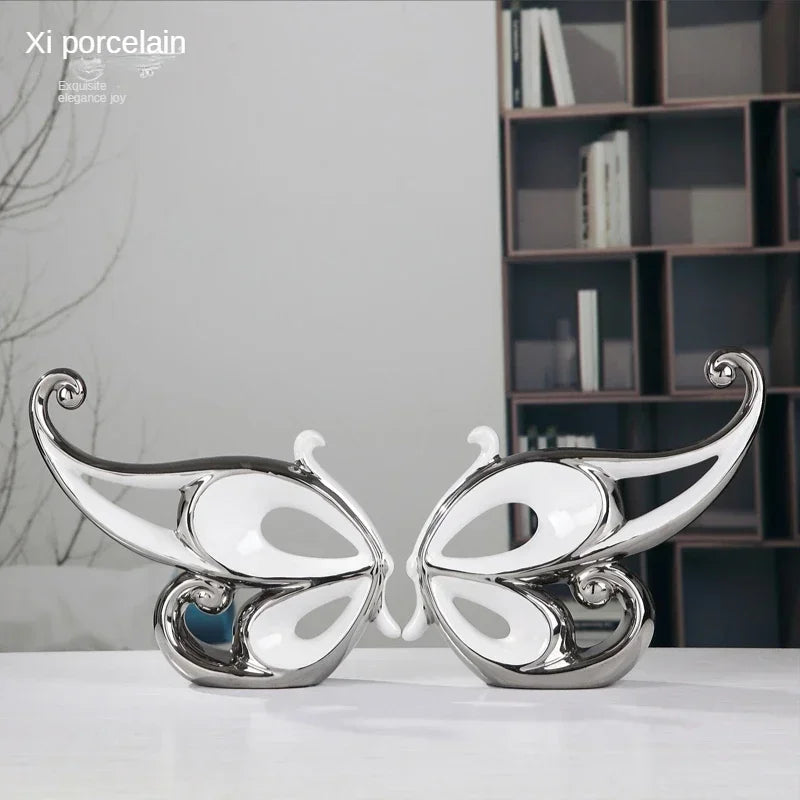 Silver Plated Bouble Couple Kiss Fish Vase Modern Europe Ceramic Furnishing Articles Office Home Livingroom Ornament Decoration