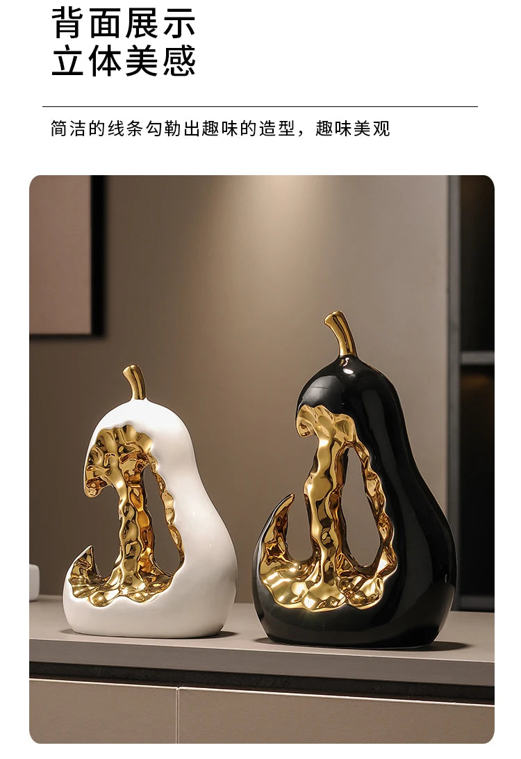 Ceramic Handicraft Golden Pear Abstract Hollow Pear Artificial Fruit Sculpture Decorative Figurines Home Decoration Accessories