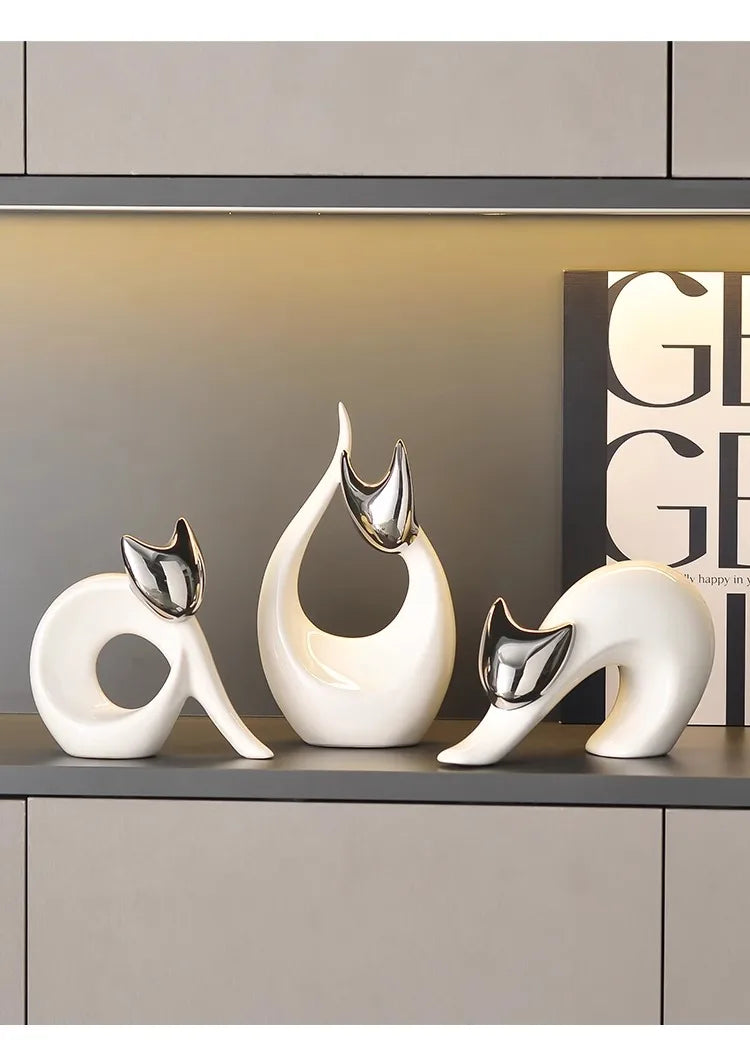 Abstract Artwork Ceramic Kitten Statue White Animal Ornaments Desk Decoration Porcelain Cat Sculpture Room Aesthetics Decor