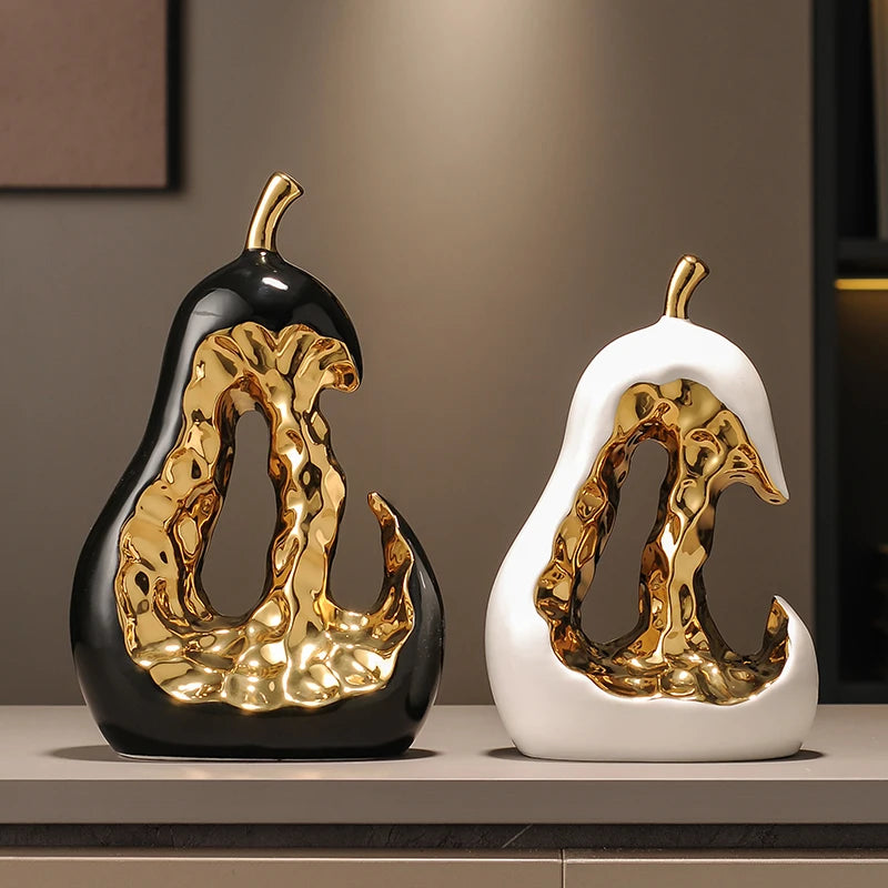 Ceramic Handicraft Golden Pear Abstract Hollow Pear Artificial Fruit Sculpture Decorative Figurines Home Decoration Accessories