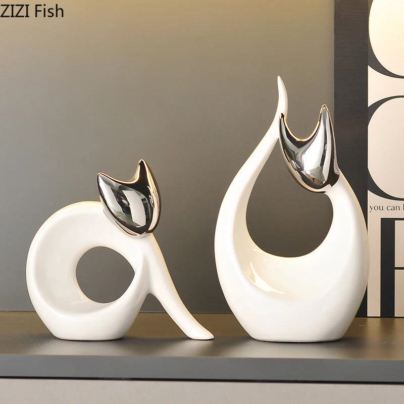 Abstract Artwork Ceramic Kitten Statue White Animal Ornaments Desk Decoration Porcelain Cat Sculpture Room Aesthetics Decor