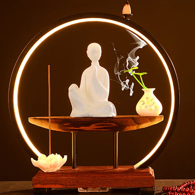 Chinese Style Zen Mood Battery-powered Circal Light Of Incense Holder With Wodden Rack Light Up Figurine Holder