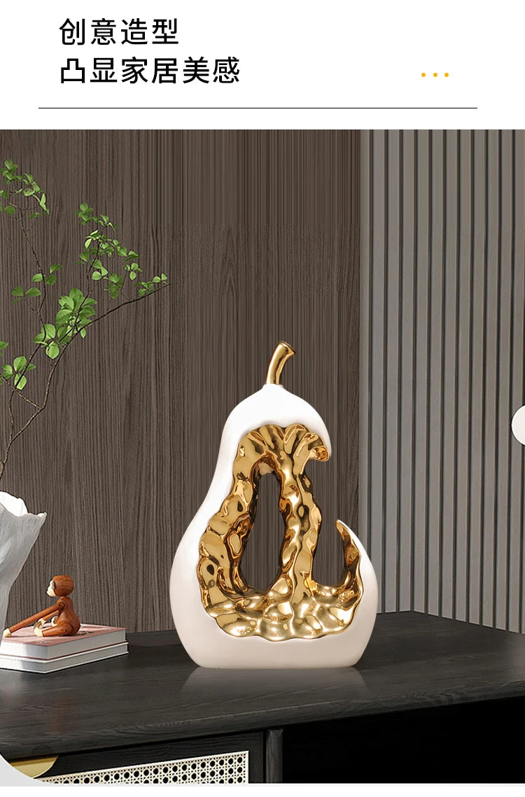 Ceramic Handicraft Golden Pear Abstract Hollow Pear Artificial Fruit Sculpture Decorative Figurines Home Decoration Accessories