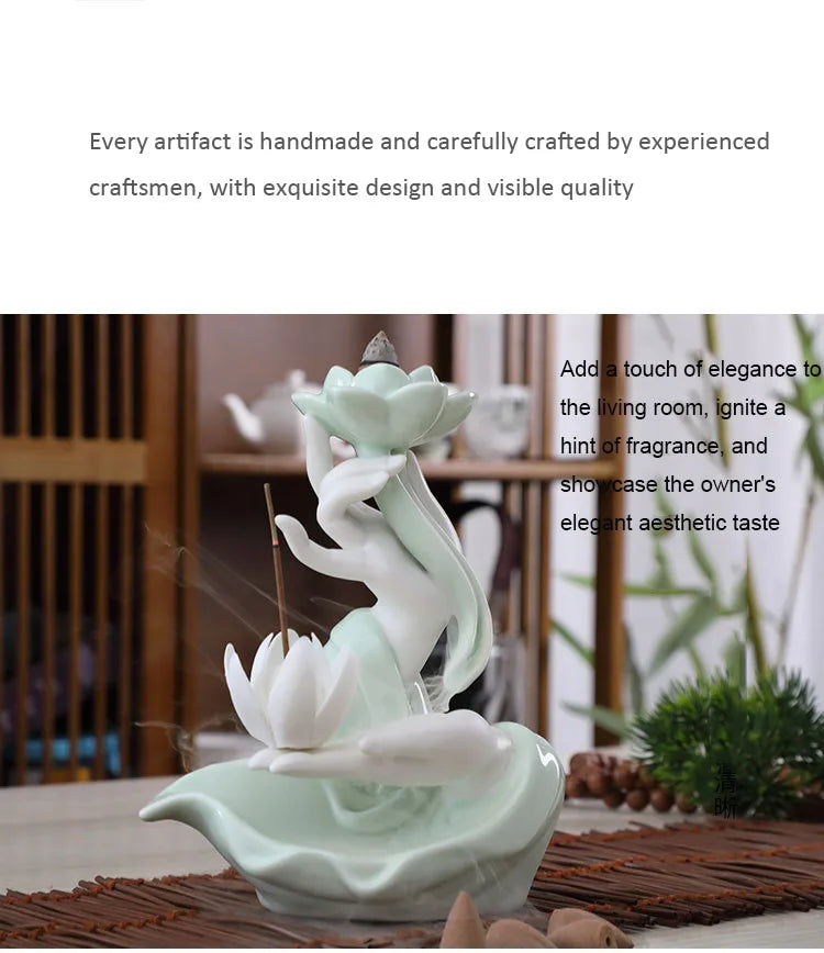Chinese style Buddha's Hand Lotus LED Reflux Incense Burner Stand, Home Decoration Pure Handmade Lotus Fragrance Diffuser