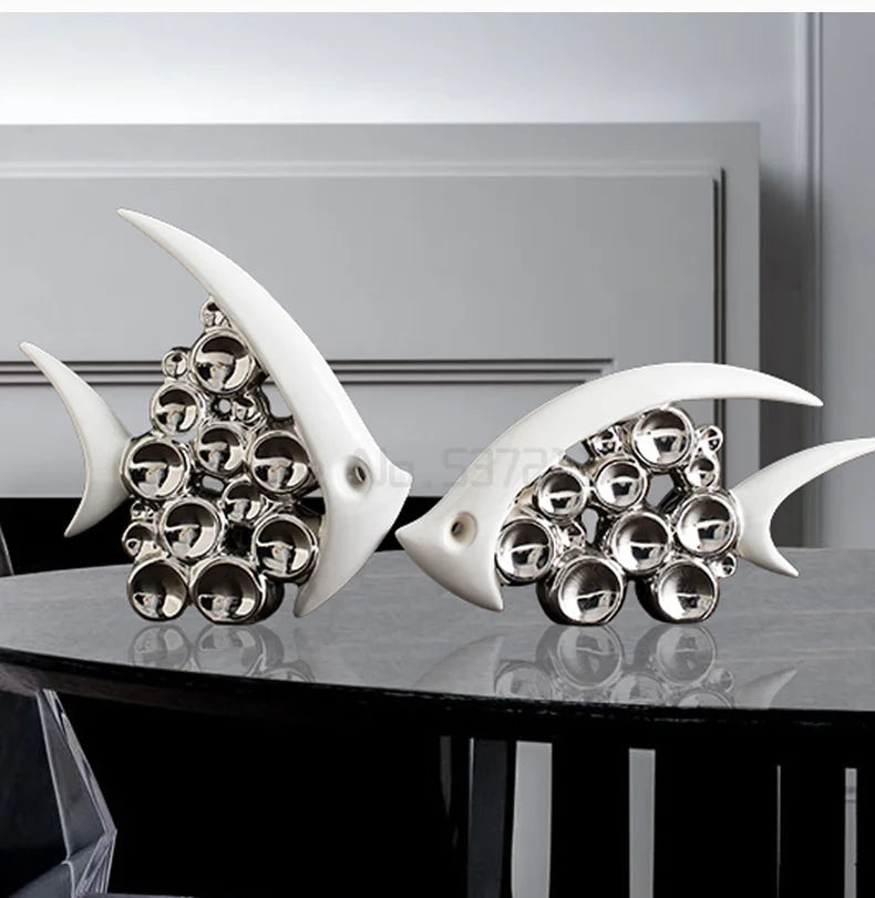 Silver Plated Bouble Couple Kiss Fish Vase Modern Europe Ceramic Furnishing Articles Office Home Livingroom Ornament Decoration