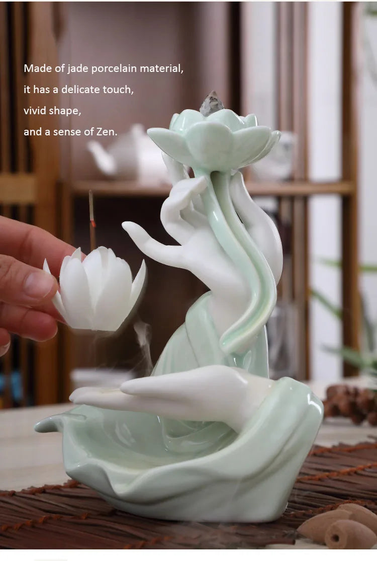 Chinese style Buddha's Hand Lotus LED Reflux Incense Burner Stand, Home Decoration Pure Handmade Lotus Fragrance Diffuser