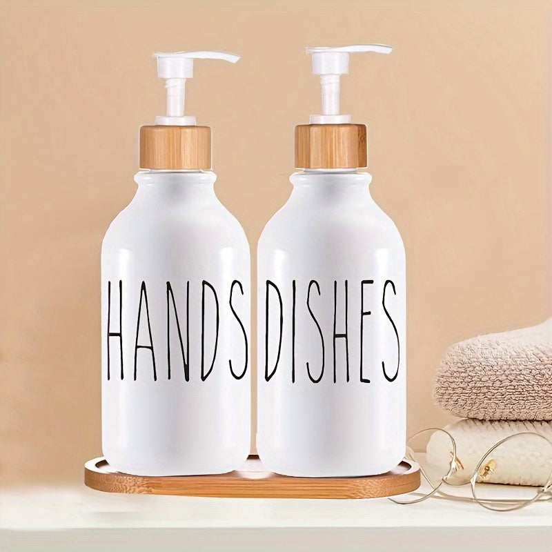 2-Piece Refillable Soap Dispenser Set with Tray - Empty Hand and Dish Soap Containers for Farmhouse Bathroom and Kitchen Decor