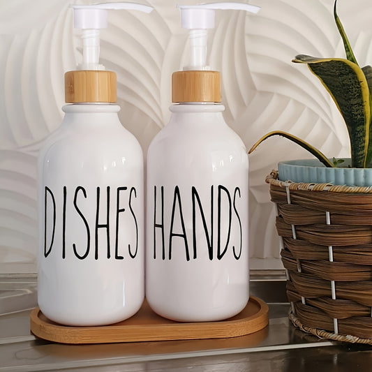 2-Piece Refillable Soap Dispenser Set with Tray - Empty Hand and Dish Soap Containers for Farmhouse Bathroom and Kitchen Decor
