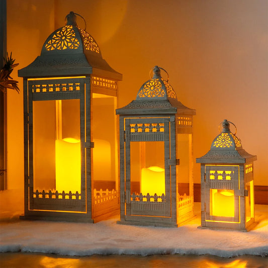 Set of 3 White Lantern Durable Garden Metal Lantern Empty Square Candle Lantern for Wedding Decoration