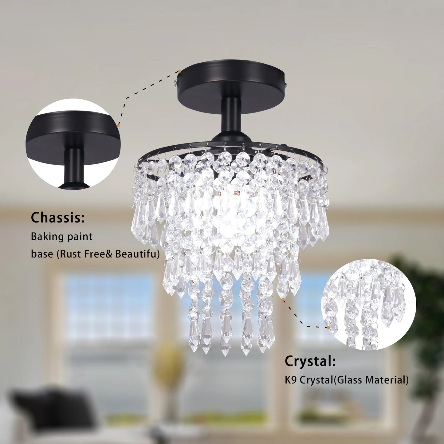 K9 Crystals Chandelier Modern Nordic Black Crystal Pendant Ceiling Lights for Living Room and Hotel Home Decor