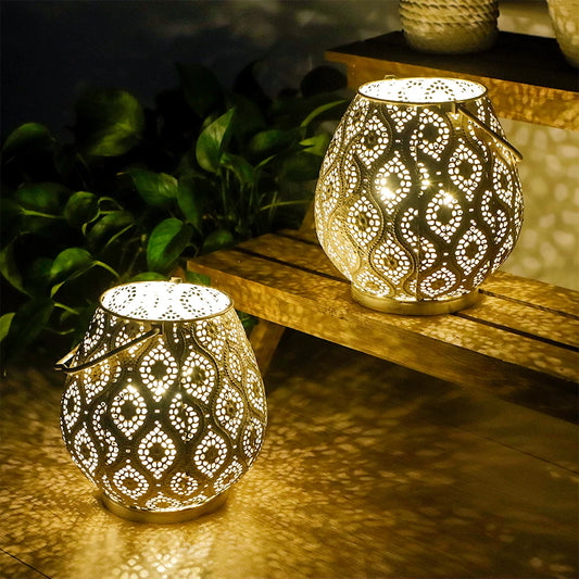 Set of Two Moroccan Style Battery Lantern Durable Garden Metal Round Lamp for Holiday Decoration (2pcs)