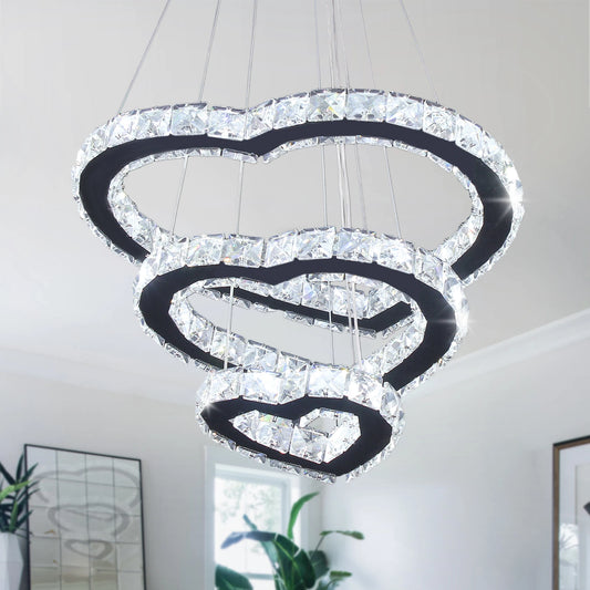 Modern Luxury 3 Hearts Rings Crystal Chandelier Cool Warm White Home Decor LED Light Source