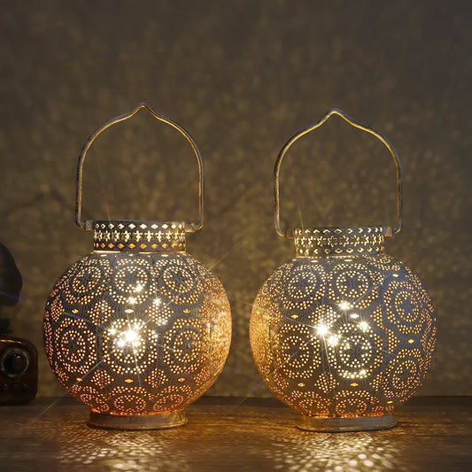 Set of Two Vintage White Battery Lantern Durable Garden Metal Round Lamp for Holiday Decoration(2pcs)