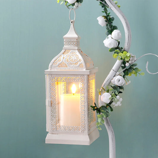 Vintage White Candle Lantern Durable Garden Metal Lantern Empty Square Candle Lantern for Wedding Decoration