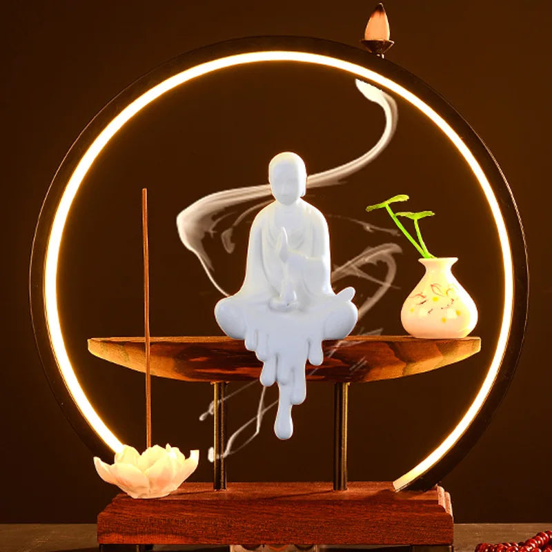 Chinese Style Zen Mood Battery-powered Circal Light Of Incense Holder With Wodden Rack Light Up Figurine Holder