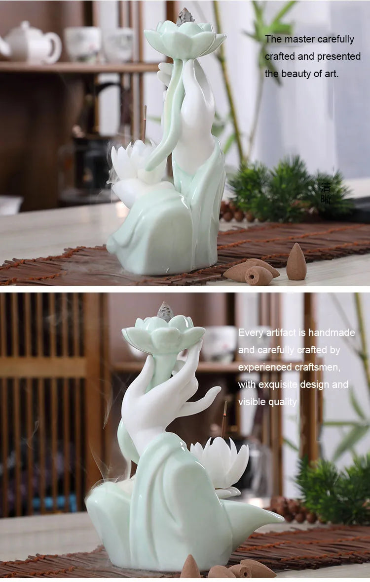 Chinese style Buddha's Hand Lotus LED Reflux Incense Burner Stand, Home Decoration Pure Handmade Lotus Fragrance Diffuser
