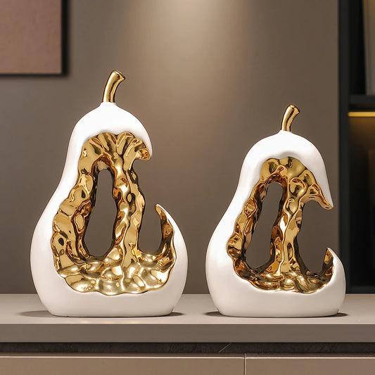 Ceramic Handicraft Golden Pear Abstract Hollow Pear Artificial Fruit Sculpture Decorative Figurines Home Decoration Accessories