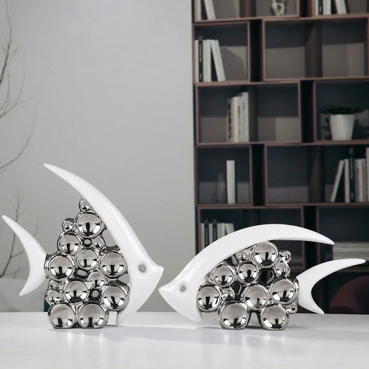 Silver Plated Bouble Couple Kiss Fish Vase Modern Europe Ceramic Furnishing Articles Office Home Livingroom Ornament Decoration