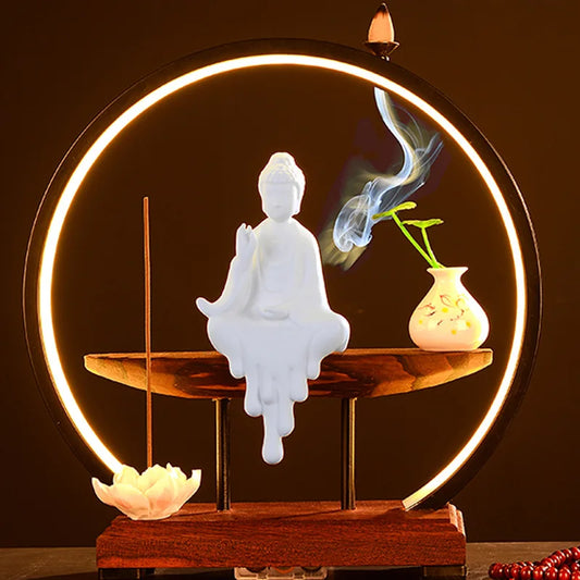Chinese Style Zen Mood Battery-powered Circal Light Of Incense Holder With Wodden Rack Light Up Figurine Holder