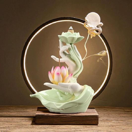 Chinese style Buddha's Hand Lotus LED Reflux Incense Burner Stand, Home Decoration Pure Handmade Lotus Fragrance Diffuser