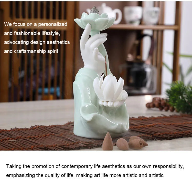 Chinese style Buddha's Hand Lotus LED Reflux Incense Burner Stand, Home Decoration Pure Handmade Lotus Fragrance Diffuser